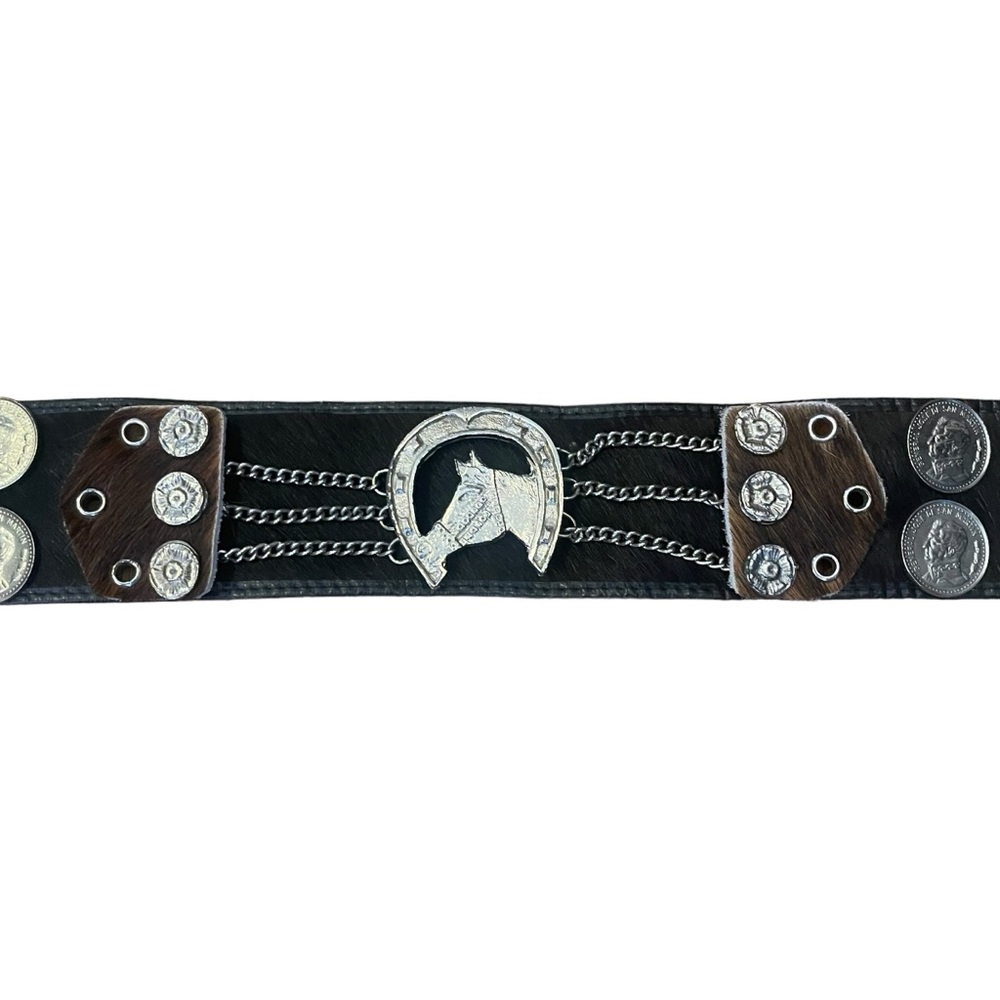 Vintage horse horseshoe western coin leather pony hair waist belt